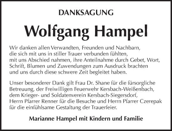 Traueranzeige von Wolfgang Hampel von Pegnitz-Zeitung
