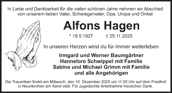 Traueranzeige von Alfons Hagen von Pegnitz-Zeitung