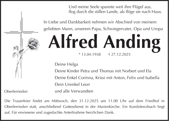 Traueranzeige von Alfred Anding von Der Bote