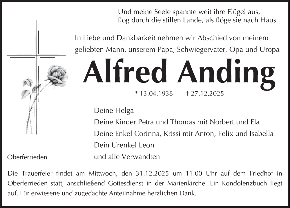  Traueranzeige für Alfred Anding vom 30.12.2025 aus Der Bote