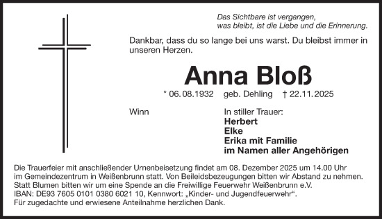Traueranzeige von Anna Bloß von Der Bote