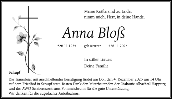Traueranzeige von Anna Bloß von Hersbrucker Zeitung Lokal
