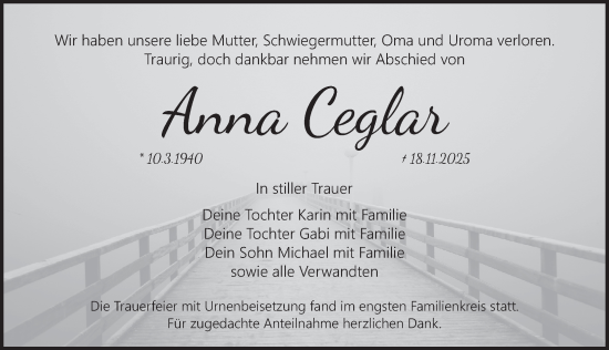 Traueranzeige von Anna Ceglar von Pegnitz-Zeitung