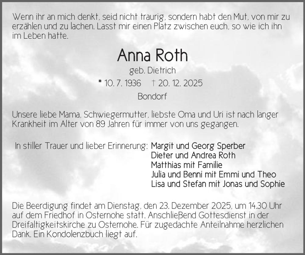  Traueranzeige für Anna Roth vom 23.12.2025 aus Pegnitz-Zeitung