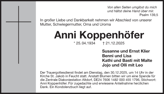 Traueranzeige von Anni Koppenhöfer von Der Bote