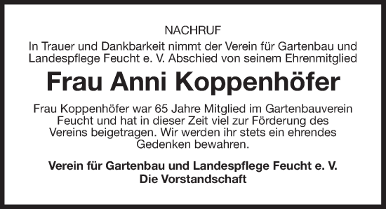 Traueranzeige von Anni Koppenhöfer von Der Bote