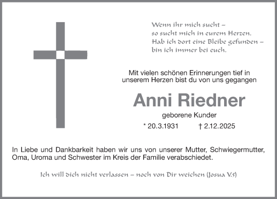 Traueranzeige von Anni Riedner von Der Bote