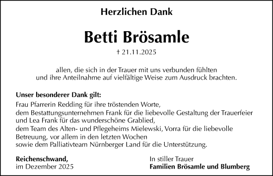 Traueranzeige von Betti Brösamle von Hersbrucker Zeitung Lokal
