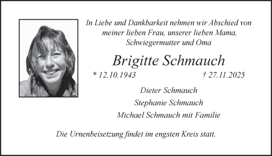 Traueranzeige von Brigitte Schmauch von Pegnitz-Zeitung
