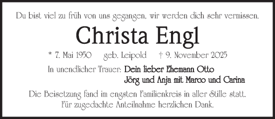 Traueranzeige von Christa Engl von Pegnitz-Zeitung