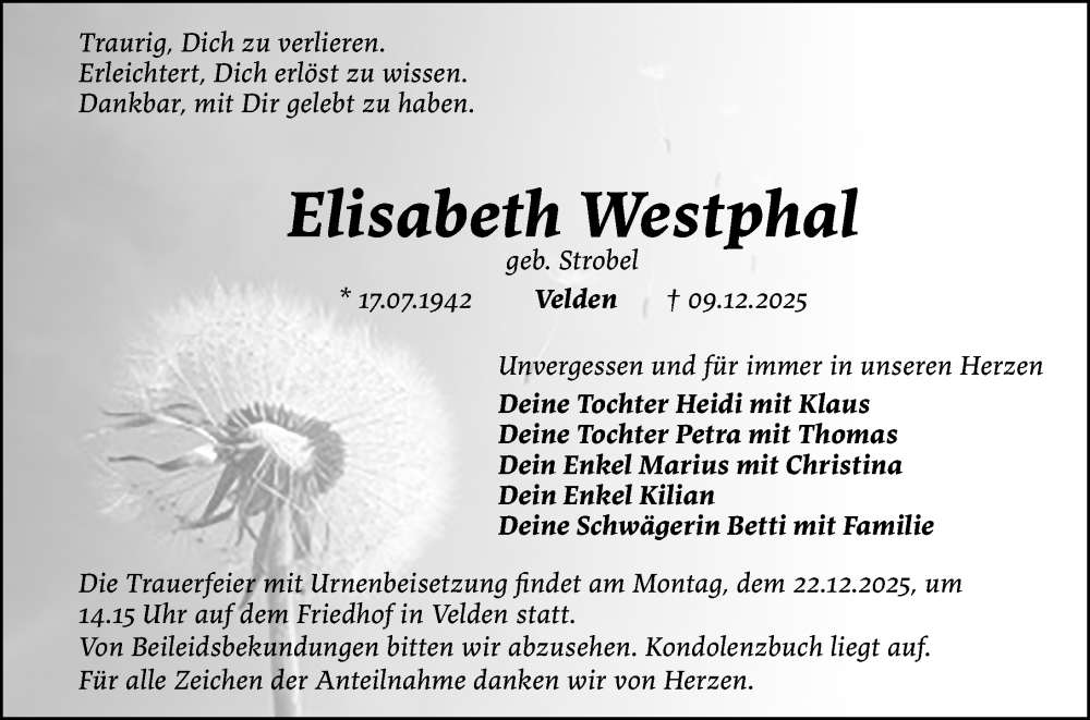  Traueranzeige für Elisabeth Westphal vom 20.12.2025 aus Hersbrucker Zeitung Lokal