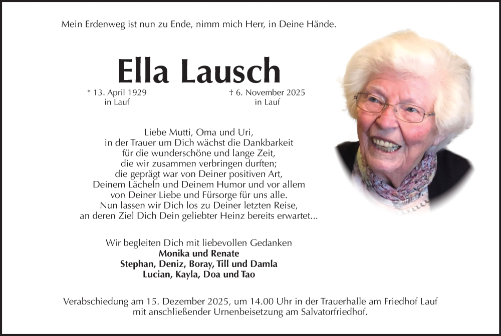  Traueranzeige für Ella Lausch vom 13.12.2025 aus Pegnitz-Zeitung