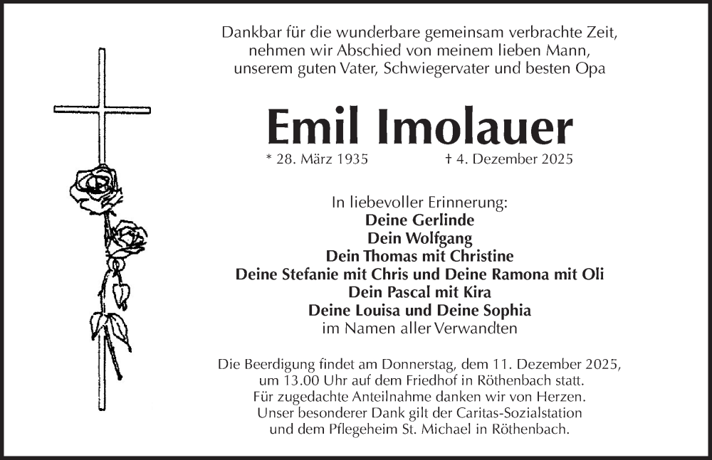  Traueranzeige für Emil Imolauer vom 10.12.2025 aus Pegnitz-Zeitung
