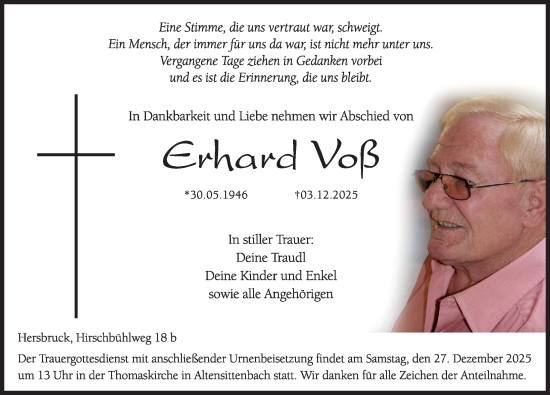 Traueranzeige von Erhard Voß von Hersbrucker Zeitung Lokal