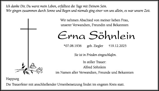 Traueranzeige von Erna Söhnlein von Hersbrucker Zeitung Lokal