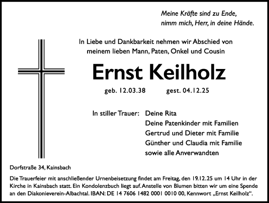Traueranzeige von Ernst Keilholz von Hersbrucker Zeitung Lokal