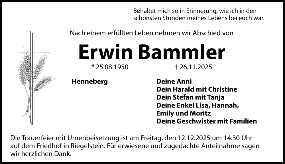  Traueranzeige für Erwin Bammler vom 06.12.2025 aus Hersbrucker Zeitung Lokal
