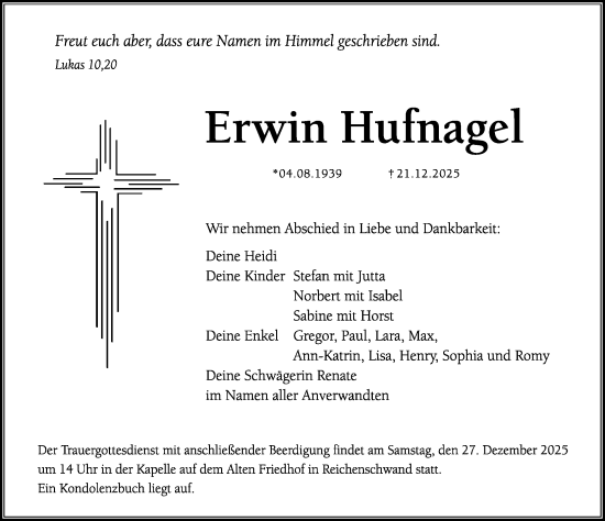 Traueranzeige von Erwin Hufnagel von Hersbrucker Zeitung Lokal