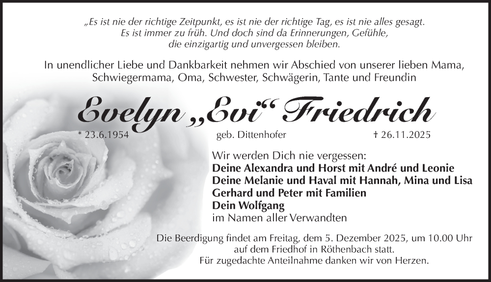  Traueranzeige für Evelyn Friedrich vom 03.12.2025 aus Pegnitz-Zeitung