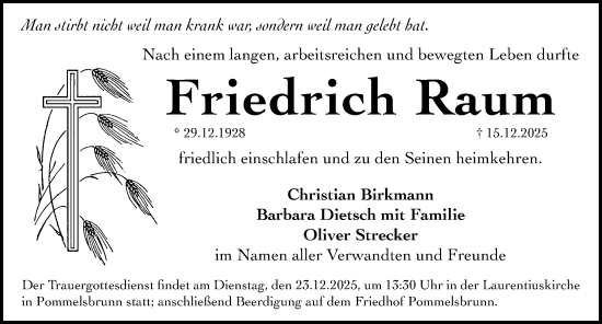 Traueranzeige von Friedrich Raum von Hersbrucker Zeitung Lokal