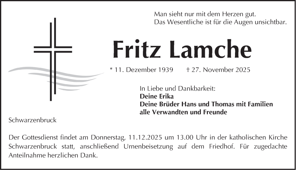  Traueranzeige für Fritz Lamche vom 06.12.2025 aus Der Bote