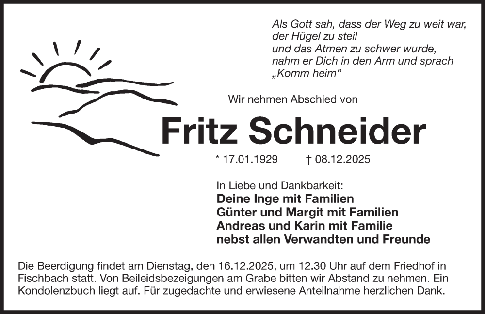  Traueranzeige für Fritz Schneider vom 13.12.2025 aus Der Bote