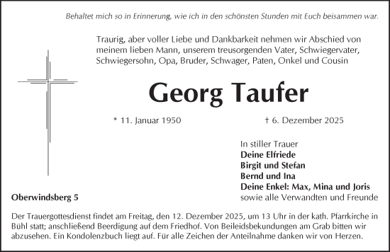 Traueranzeige von Georg Taufer von Pegnitz-Zeitung