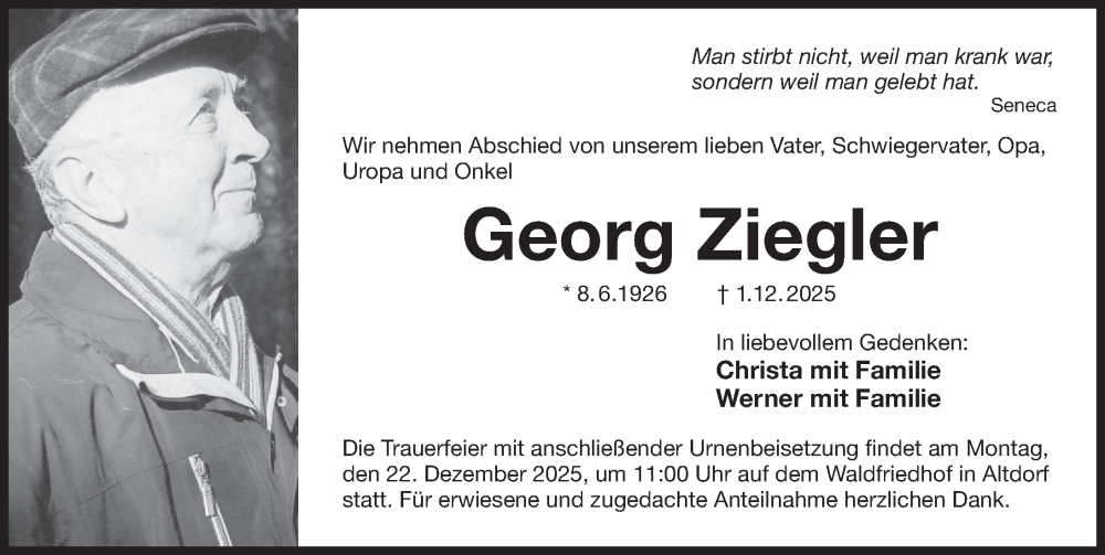  Traueranzeige für Georg Ziegler vom 20.12.2025 aus Der Bote
