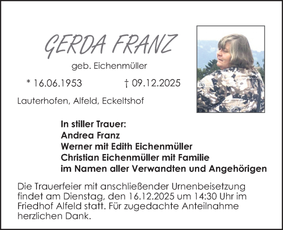 Traueranzeige von Gerda Franz von Hersbrucker Zeitung Lokal