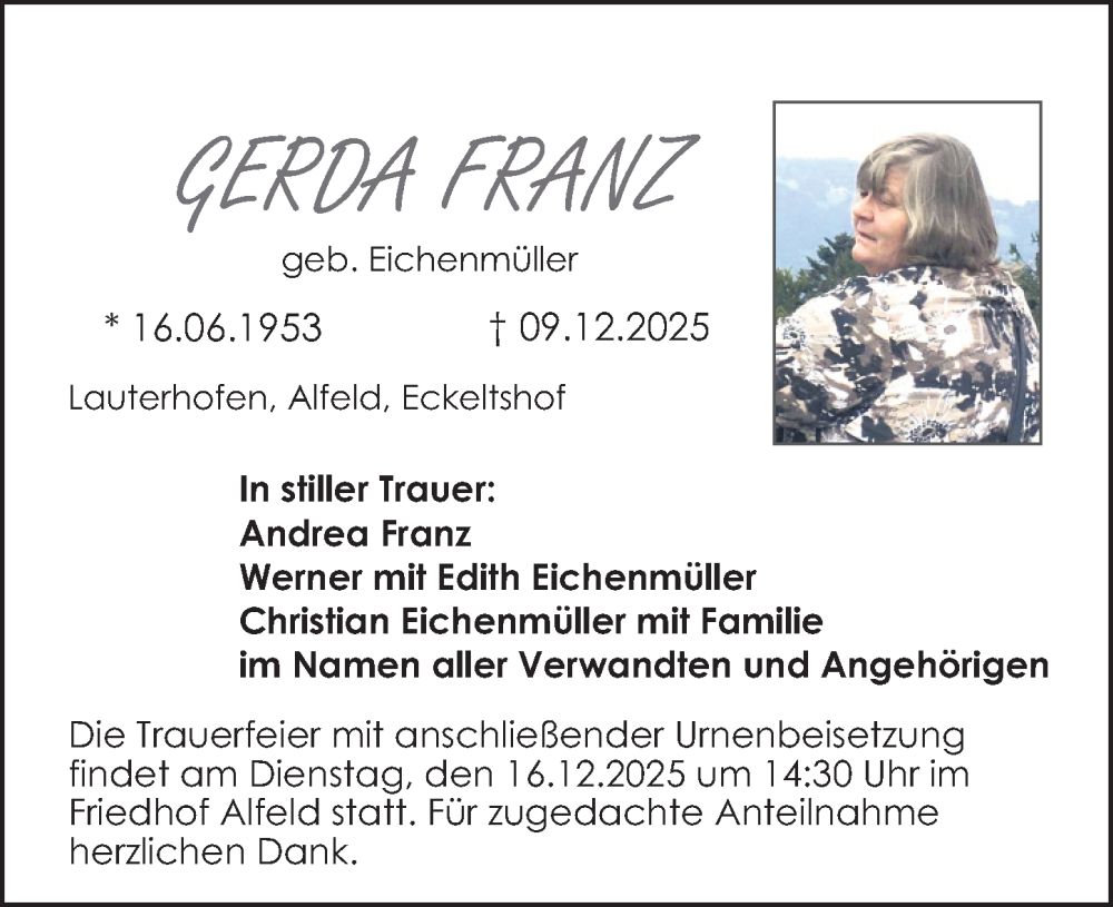  Traueranzeige für Gerda Franz vom 13.12.2025 aus Hersbrucker Zeitung Lokal