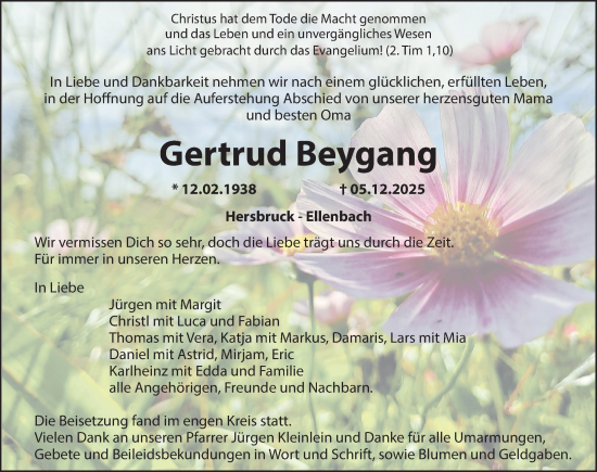 Traueranzeige von Gertrud Beygang von Hersbrucker Zeitung Lokal