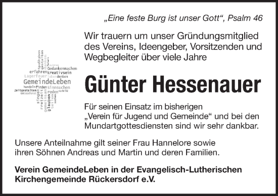 Traueranzeige von Günter Hessenauer von Pegnitz-Zeitung