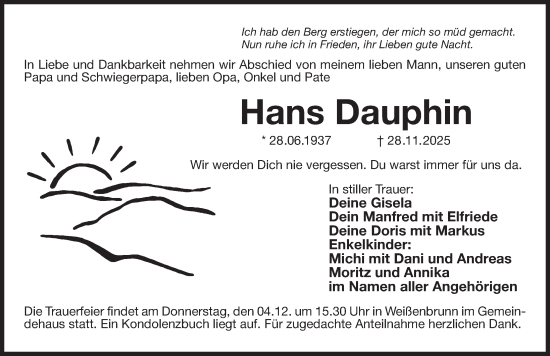 Traueranzeige von Hans Dauphin von Der Bote