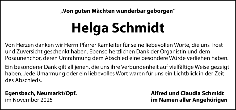  Traueranzeige für Helga Schmidt vom 06.12.2025 aus Hersbrucker Zeitung Lokal