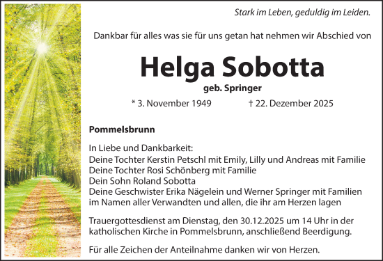 Traueranzeige von Helga Sobotta von Hersbrucker Zeitung Lokal