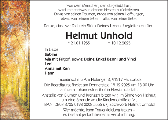 Traueranzeige von Helmut Unhold von Hersbrucker Zeitung Lokal