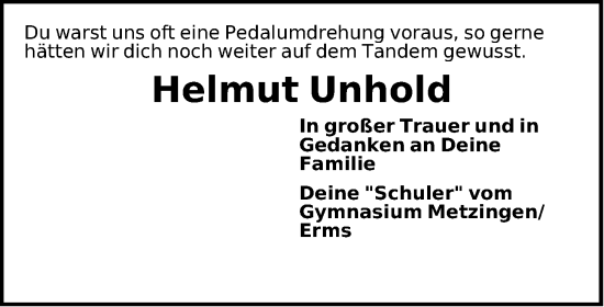 Traueranzeige von Helmut Unhold von Hersbrucker Zeitung Lokal
