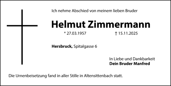 Traueranzeige von Helmut Zimmermann von Hersbrucker Zeitung Lokal