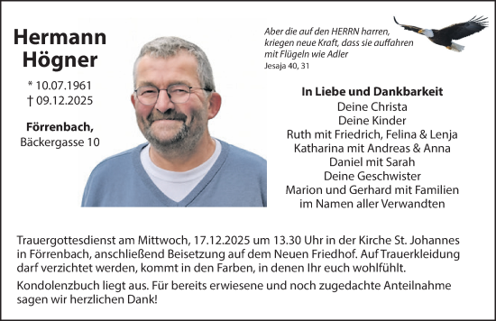 Traueranzeige von Hermann Högner von Hersbrucker Zeitung Lokal