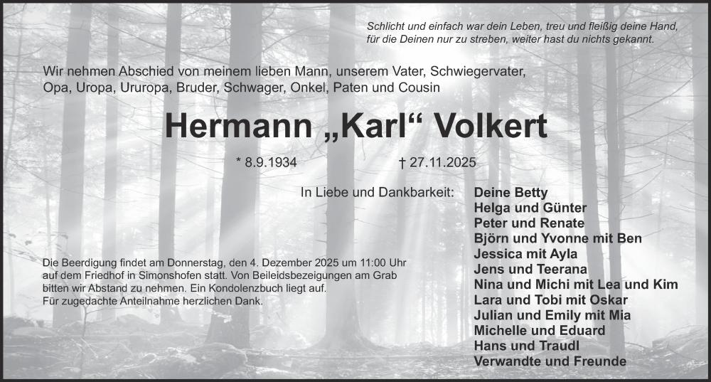  Traueranzeige für Hermann Volkert vom 03.12.2025 aus Pegnitz-Zeitung