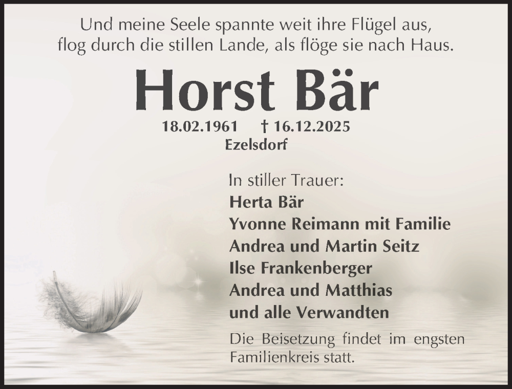  Traueranzeige für Horst Bär vom 20.12.2025 aus Der Bote