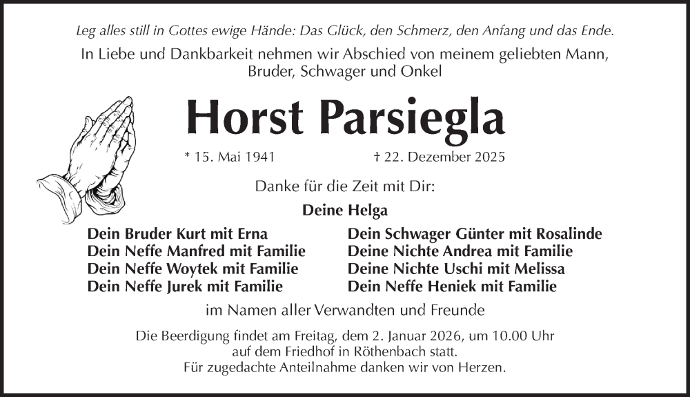  Traueranzeige für Horst Parsiegla vom 30.12.2025 aus Pegnitz-Zeitung