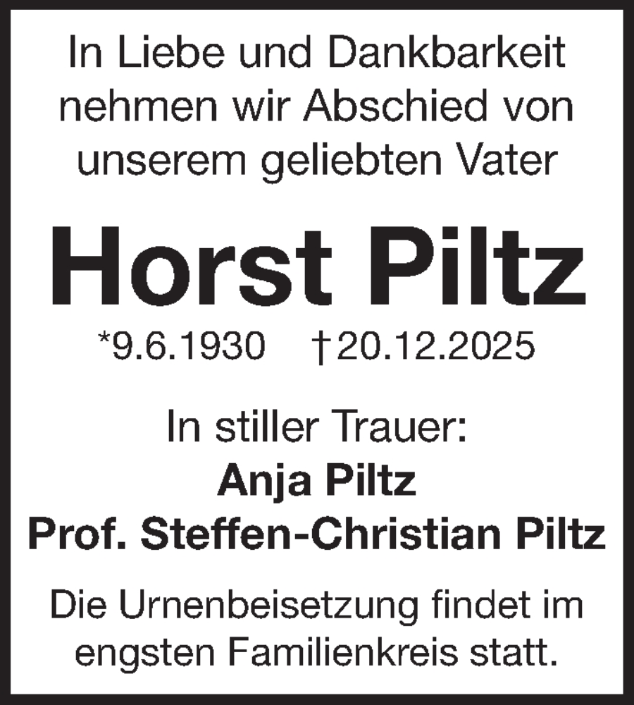  Traueranzeige für Horst Piltz vom 27.12.2025 aus Pegnitz-Zeitung