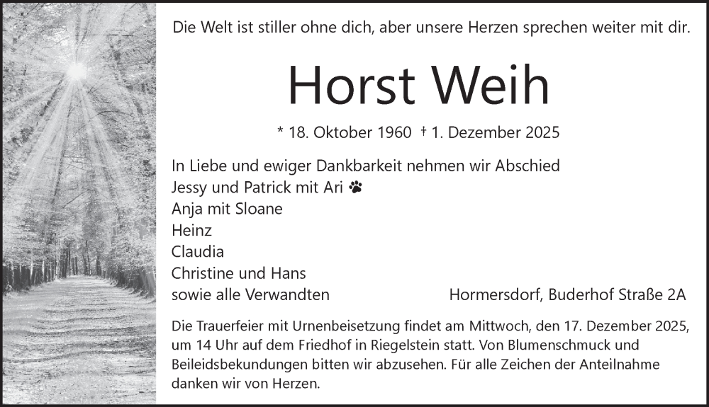  Traueranzeige für Horst Weih vom 13.12.2025 aus Pegnitz-Zeitung