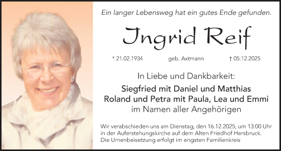 Traueranzeige von Ingrid Reif von Hersbrucker Zeitung Lokal