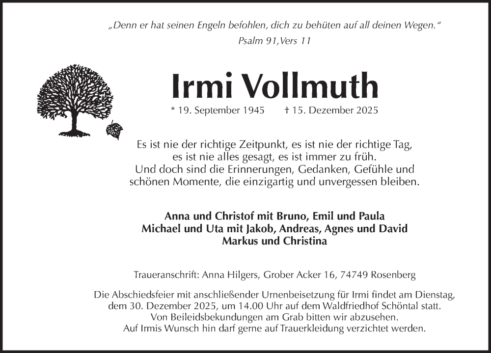  Traueranzeige für Irmi Vollmuth vom 20.12.2025 aus Pegnitz-Zeitung