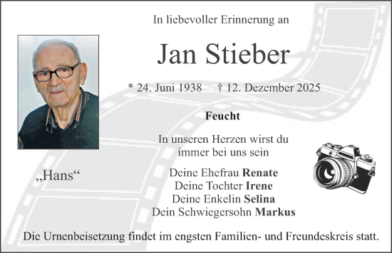 Traueranzeige von Jan Stieber von Der Bote