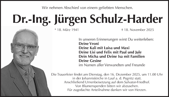 Traueranzeige von Dr.-Ing. Jürgen Schulz-Harder von Pegnitz-Zeitung