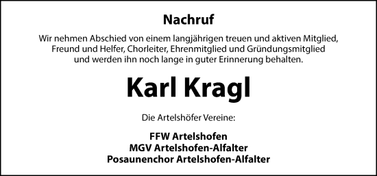 Traueranzeige von Karl Kragl von Hersbrucker Zeitung Lokal