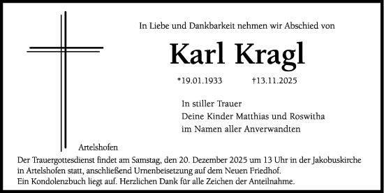 Traueranzeige von Karl Kragl von Hersbrucker Zeitung Lokal